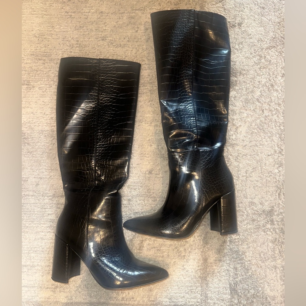 Lulus Black Croc-Embossed Knee-High Boots